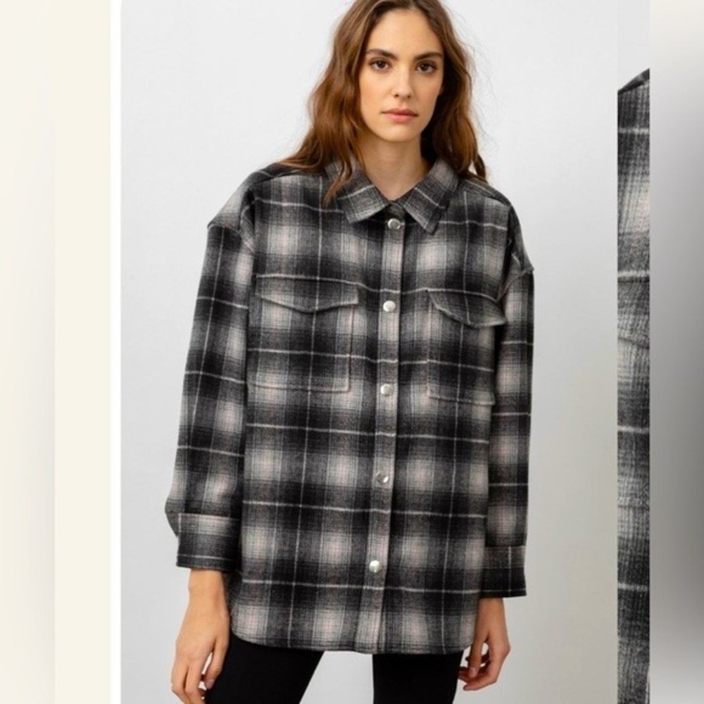 Rails Steffi Plaid Shirt Jacket Shacket Black Grey Pink Snap Front Womens S NWT